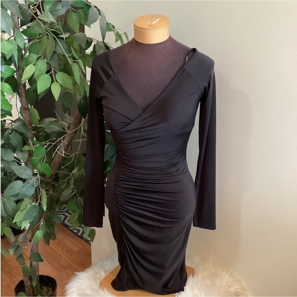 Forever 21 Black Cocktail dress long sleeve side pleated Woman’s Med